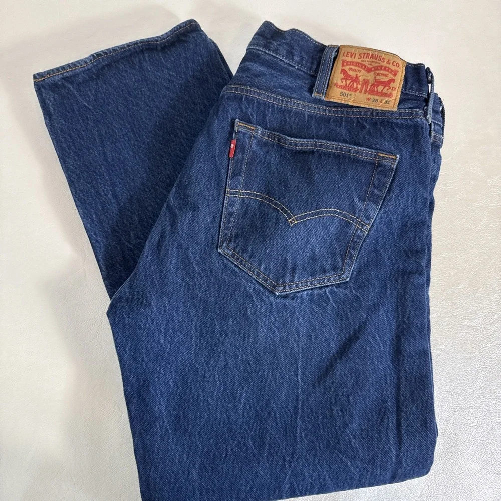 Levis 501 Jeans Men 38X31 Blue Button Fly Classic Straight Waterless.